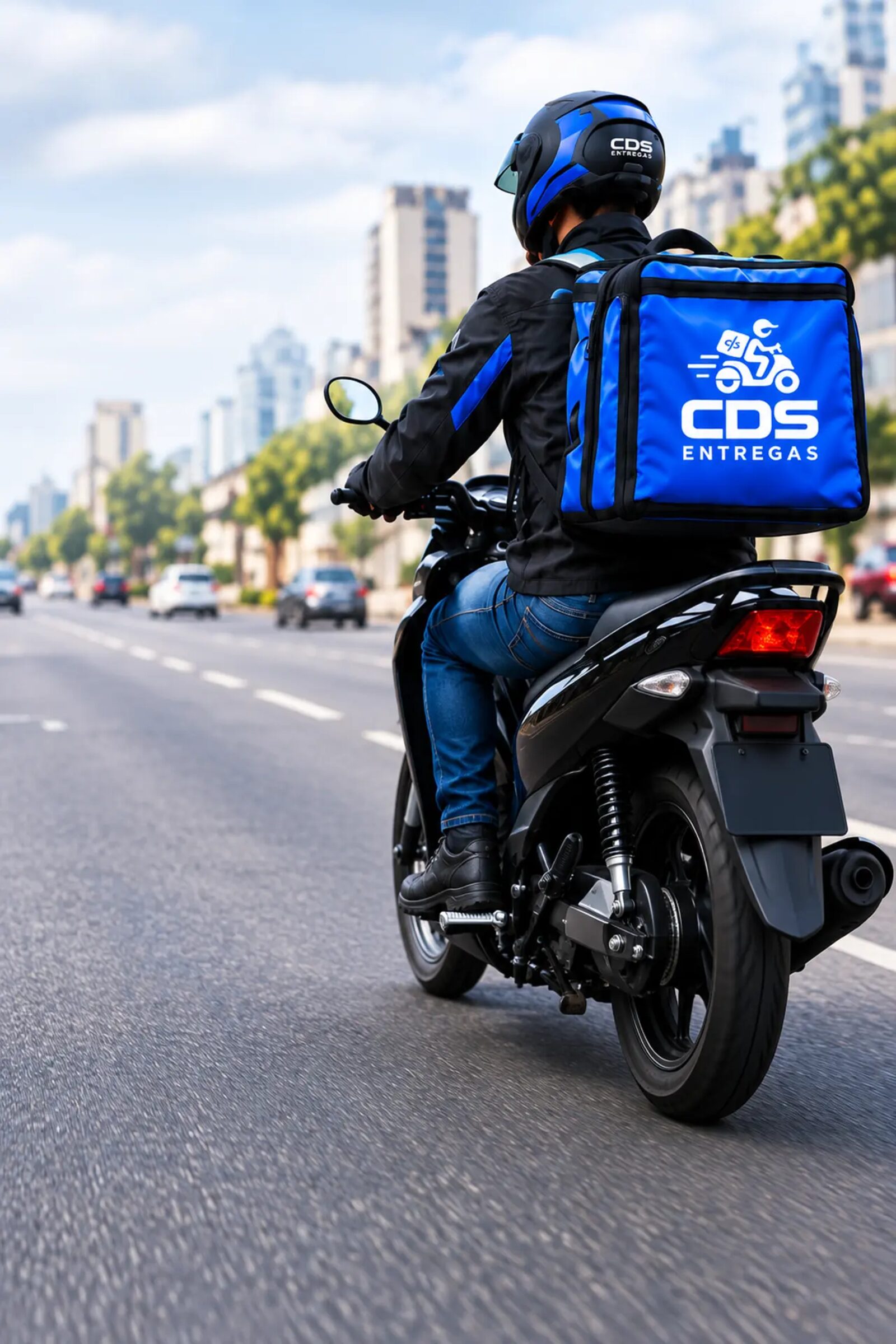 Entregador em motocicleta com a marca CDSEntregas visível no capacete e na sacola térmica