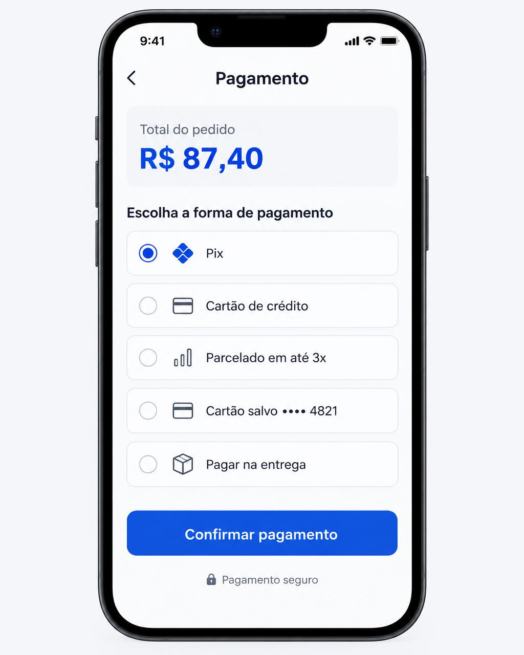 Tela de pagamento com opções Pix, cartão, parcelamento, cartão salvo e pagamento na entrega