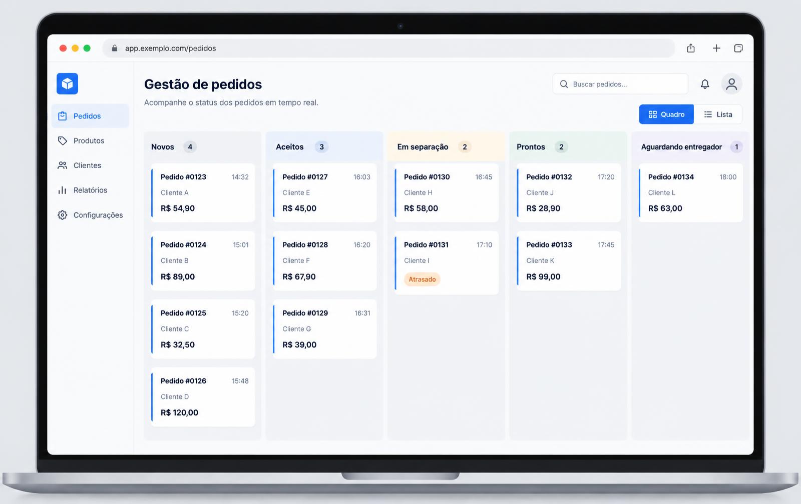 Painel de gestão de pedidos com colunas Novos, Aceitos, Em separação, Prontos e Aguardando entregador